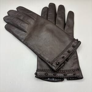 VTG Leather‎ Gloves Sz 7 Brown Knit Fabric Lined Unbranded Braided Embellished